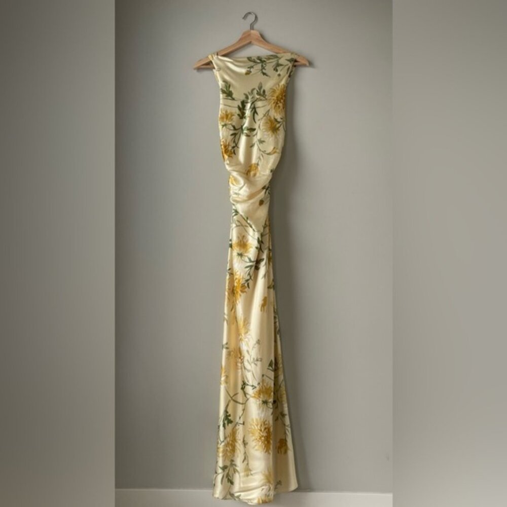 NEW Reformation Anaiis Long Backless Silk Dress Honeyglow Yellow Floral | US 6 - Picture 8 of 16